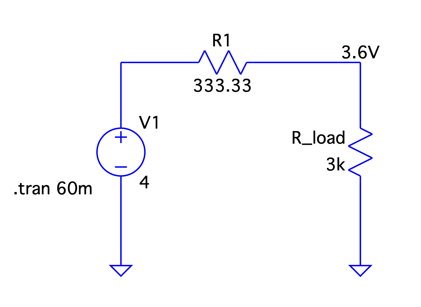 Thevenin equivalent circuit. The simulation result shows 3.6V votlage drop.