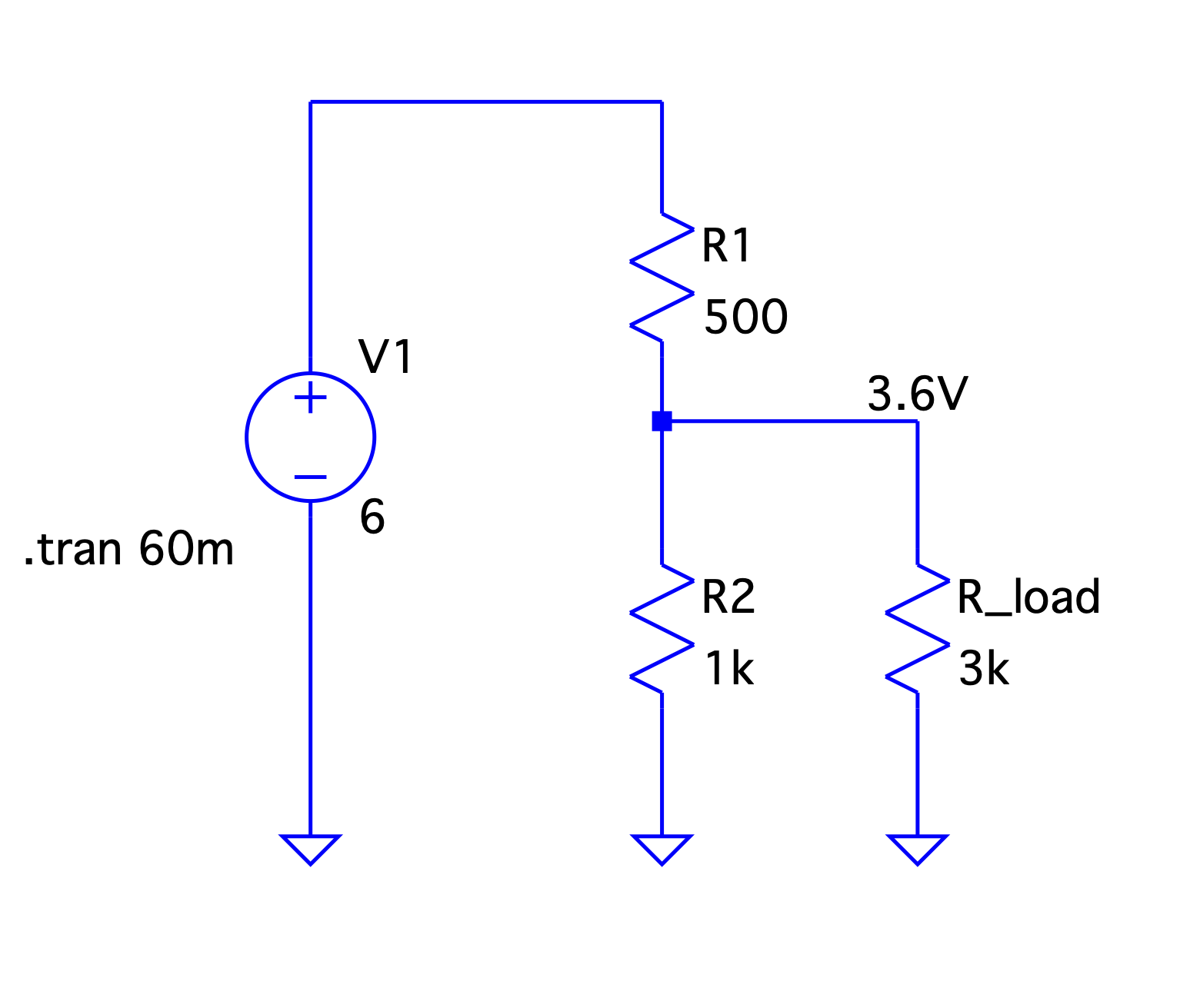 Loading a potential divider circuit. Simulation shows tht the voltage drop across \(R_{load} = 3.6 V\)